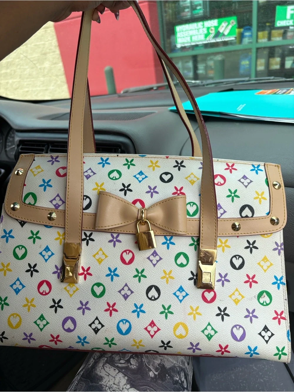 Knockoff Louis Vuitton White Multicolor Monogram Tote with Tan Bow and Gold Lock